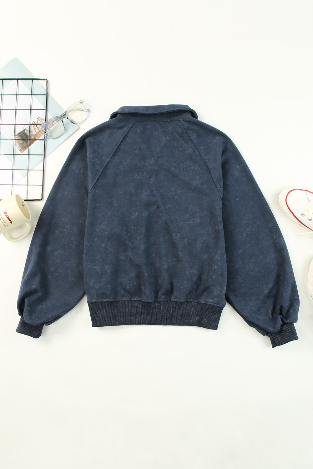 Blue Pullover, Sweatshirt, Lantern Sleeve, Snap Buttons, Casual Style, Full Sleeve, Turn-Down Collar, Solid Pattern, Daily Wear, Fall Fashion, Autumn Style, Comfortable Material, 95% Polyester, 5% Elastane - Detail View 8