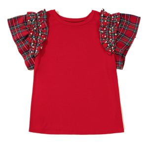 Women's Racing Red Plaid Knitted T-Shirt with Pearl Ruffles – Plus Size Casual Holiday Style for Everyday Wear