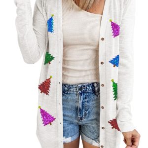 Women's White V-Neck Sequin Christmas Tree Long Cardigan for Daily Wear