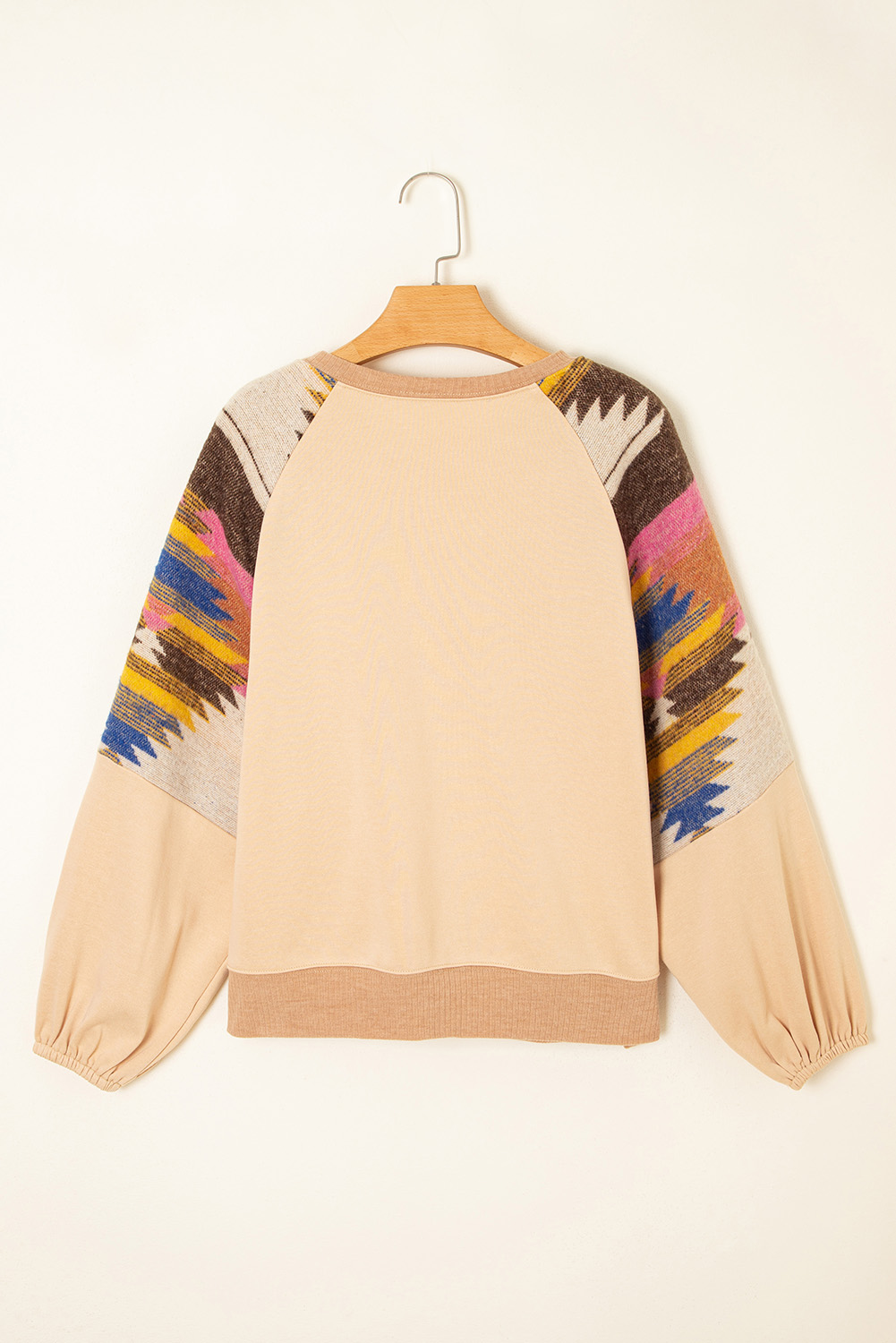 Cozy Fall & Autumn Round Neck Sweatshirt - Light French Beige with Patchwork Design - Detail View 7