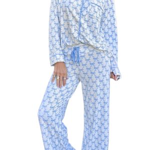Women's Sky Blue Bow Print Long Sleeve Pajama Set – Cozy and Stylish Sleepwear for Home Relaxation - Main View