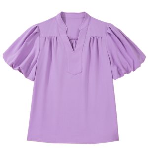 Women's Phalaenopsis V Neck Puff Sleeve Blouse – Casual Summer Top for Effortless Style