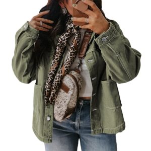 Women’s Smoke Green Patched Pocket Collared Button Front Boyfriend Denim Jacket - Main View