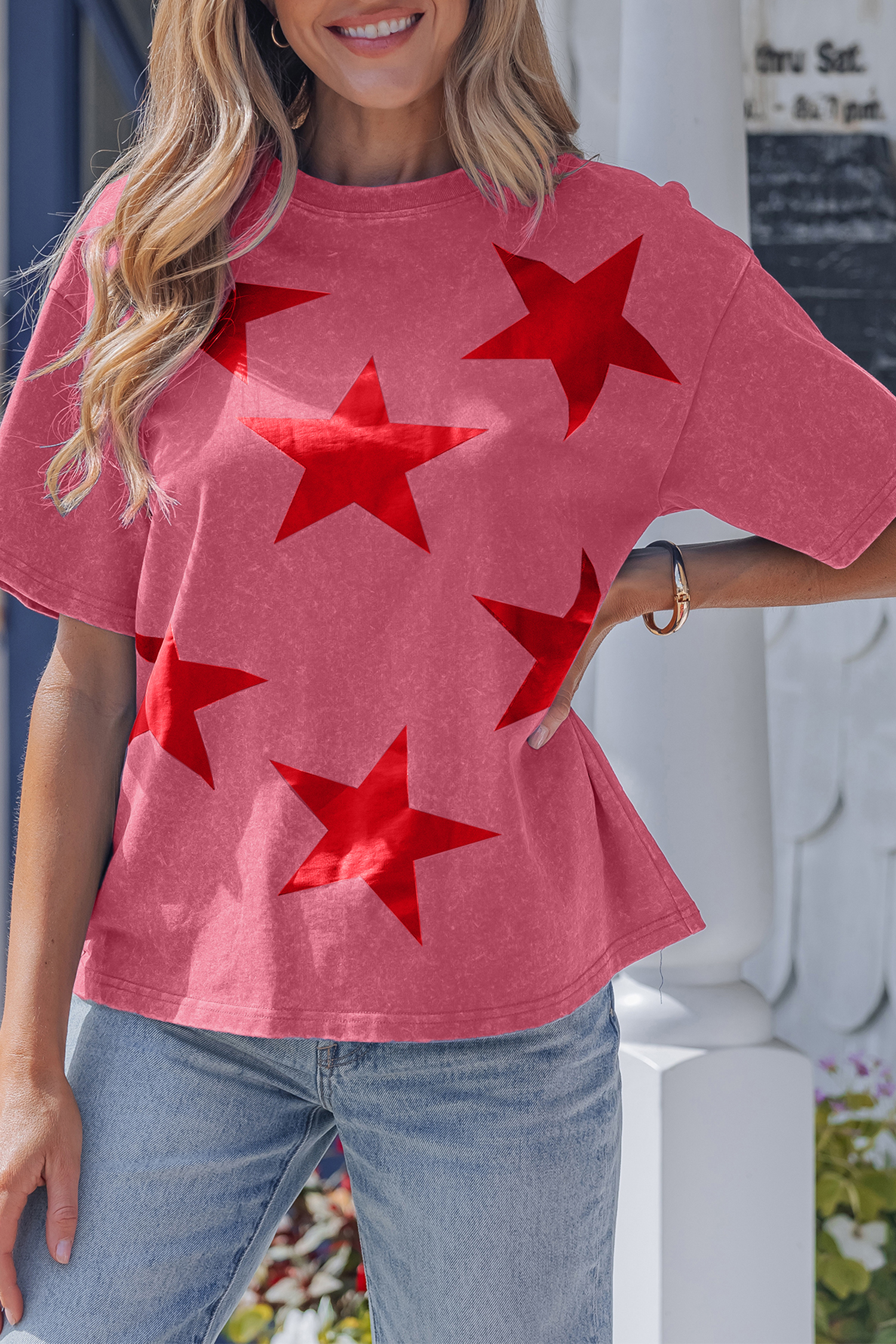 Women's Independence Day Star Print T-Shirt – Red Mineral Wash Cotton Tee for Summer - Detail View 7