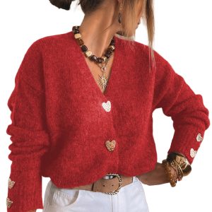 Women's Fiery Red Heart Button V Neck Cardigan Sweater – Stylish Casual Layer for Fall