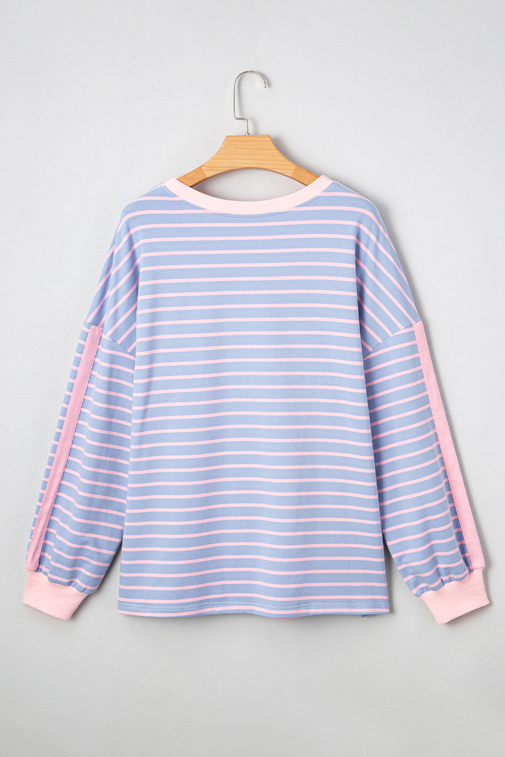 Women's Top, Sky Blue, Oversize Fit, Contrast Trim, Drop Shoulder, Casual Style, Striped Pattern, Long Sleeve, Daily Wear, Comfortable, Easy to Match, Versatile, Cotton Blend, Fall Fashion, Tops - Detail View 8