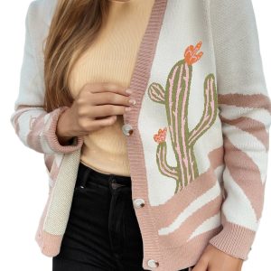 Women's Apricot Desert Cactus Buttoned Front Sweater Cardigan - Western Style for Daily Wear - Main View