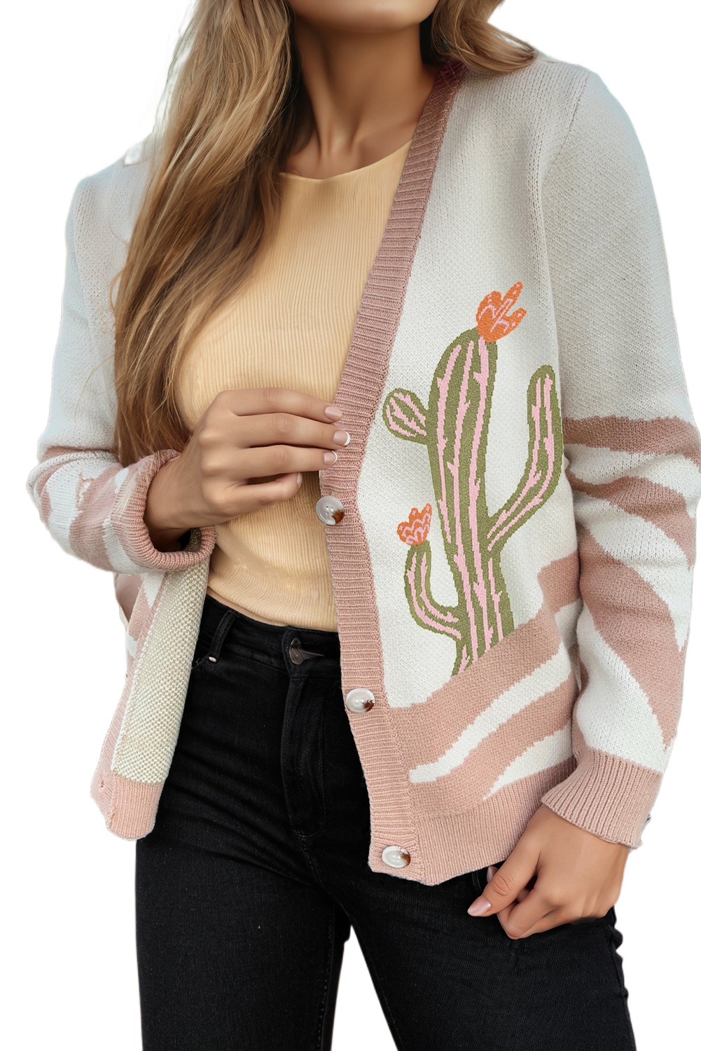 Women's Apricot Desert Cactus Buttoned Front Sweater Cardigan - Western Style for Daily Wear - Main View