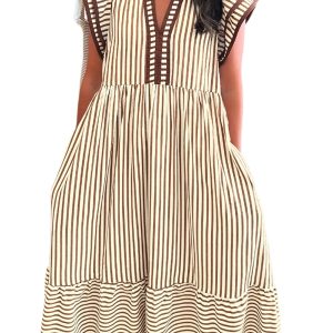 Women's Brown Stripe Midi Dress – Double Ruffled Short Sleeve V Neck for Summer Casual Elegance
