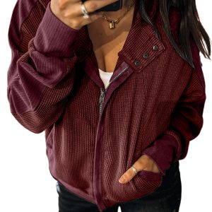 Women's Burgundy Waffle Knit Hooded Jacket – Casual Zip-Up with Button Front for Fall & Autumn - Main View
