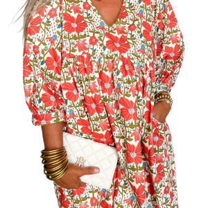 Women's Red Floral Print Mini Dress – Bohemian V Neck 3/4 Sleeve Casual Outfit for Spring