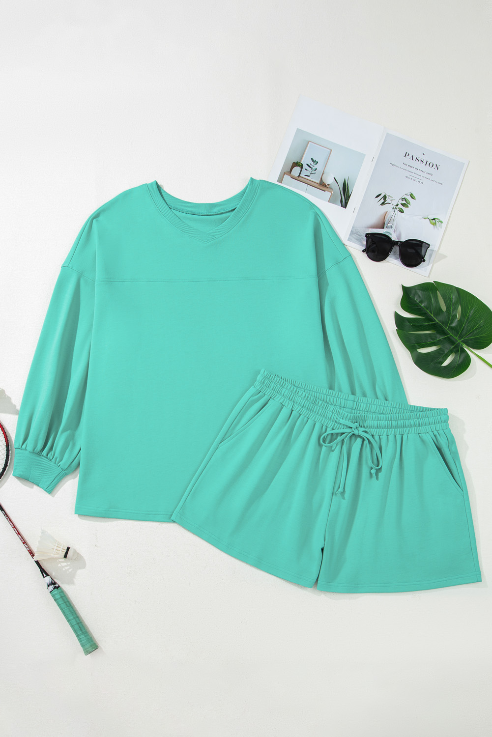 Plus Size Sea Green Drop Shoulder V Neck Pullover Top and Drawstring Shorts Set - Detail View 9