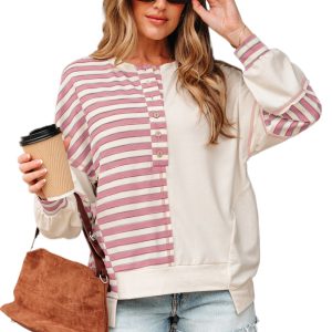 Women's Oversized Pink Stripe Color Block Pullover Top with Stitched Detail - Main View
