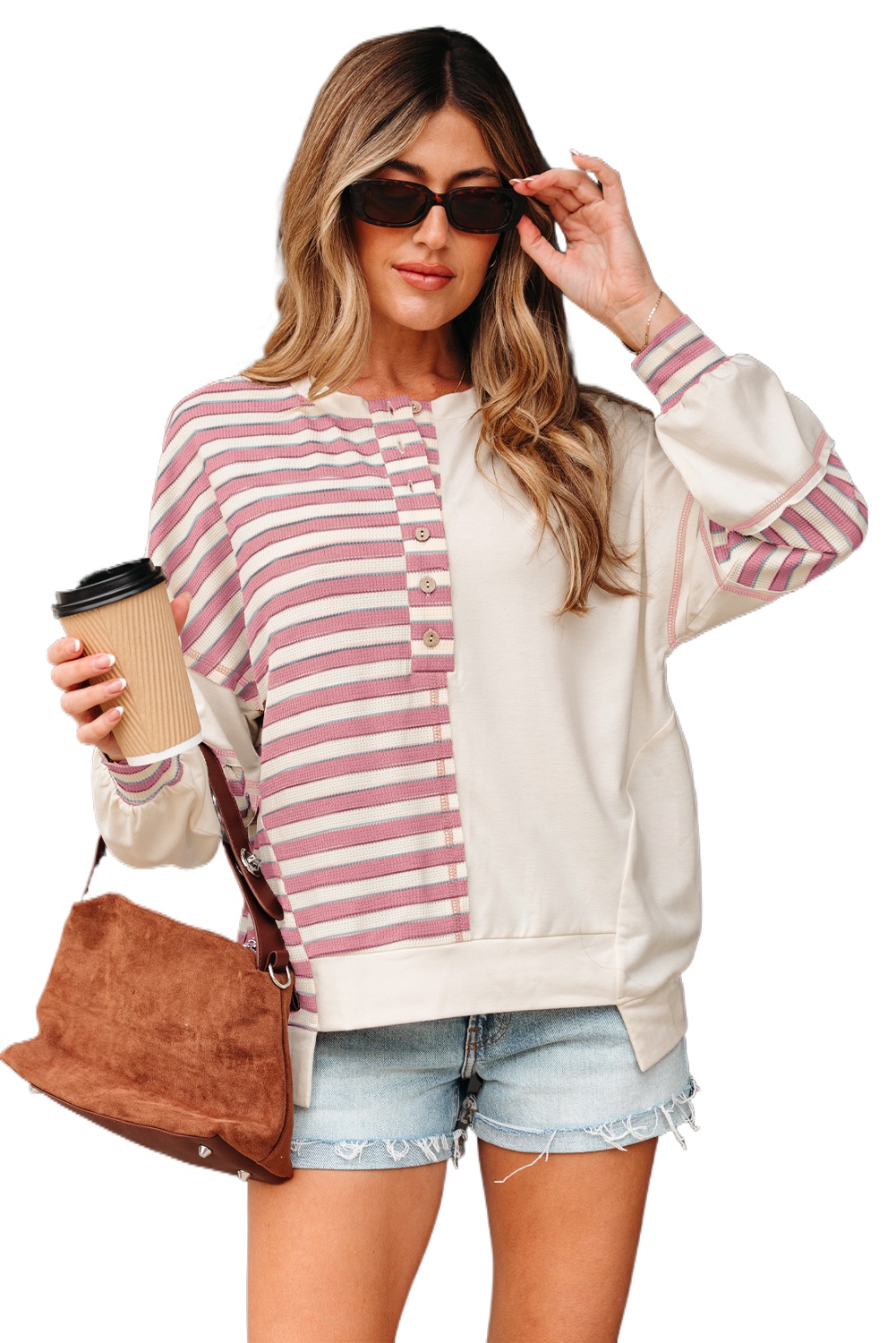 Women's Oversized Pink Stripe Color Block Pullover Top with Stitched Detail - Main View