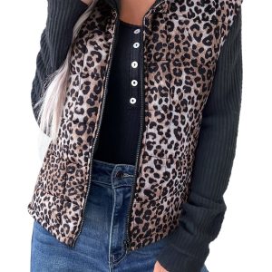 Women's Brown Leopard Quilted Puff Vest – Casual Full Zipper Outerwear for Daily Wear - Main View