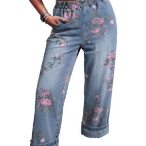 Women's Floral Print High Waist Jeans – Elastic Waist Pull On Denim Pants for Casual Daily Wear - Main View