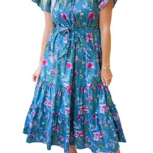 Women's Blue Floral Flutter Sleeve Long Dress – Casual Summer Style with Belt and Pocket