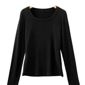 Women's Black Solid Color Long Sleeve Fitted Top - Elegant Round Neck Sheath Style - Main View