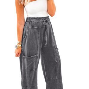 Women's Medium Grey Mineral Wash High Waist Raw Hem Pants – Casual Lace-up Wide Leg Trousers - Main View