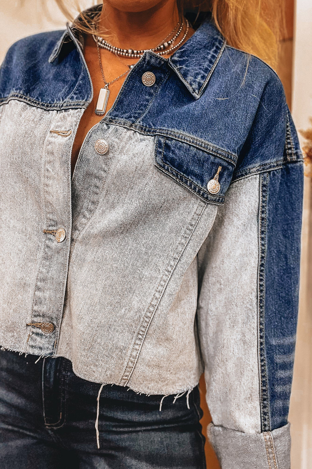Fashionable Long Sleeve Distress Denim Jacket - Perfect for Fall & Autumn Outfits - Detail View 7