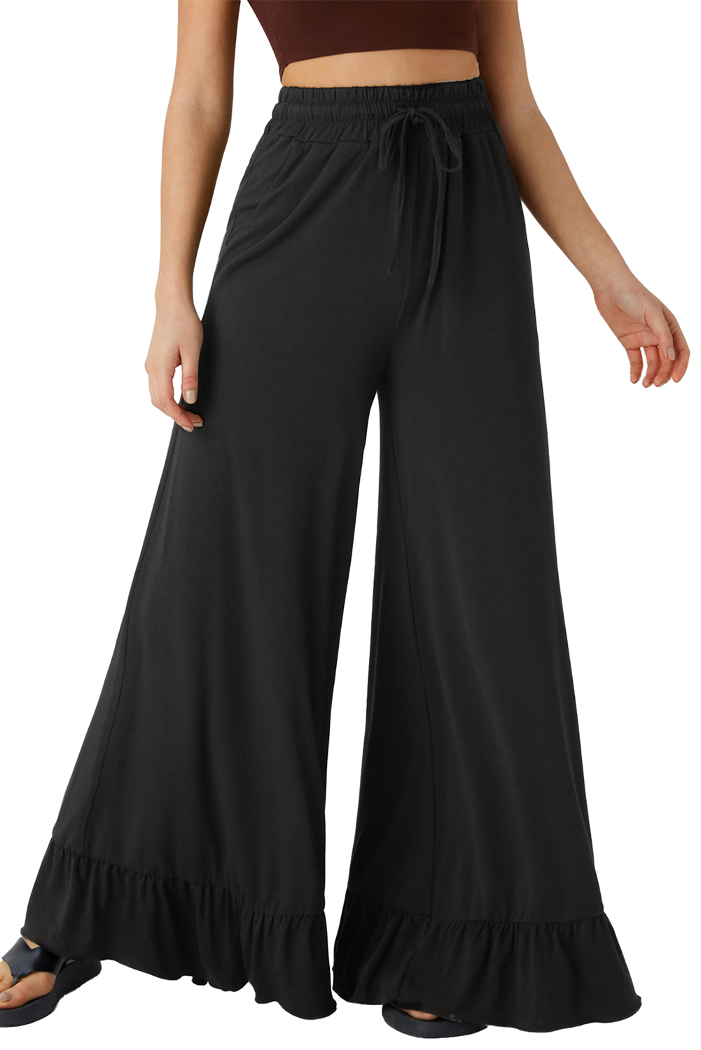 Women's Black Ruffled Wide Leg Pull-On High Waist Pants with Pockets - Detail View 17