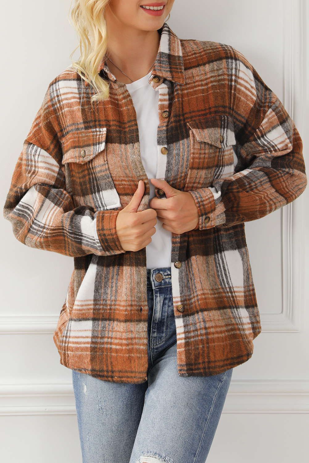 Brown Plaid Flap Pockets Shacket - Stylish Casual Layering for Fall - Detail View 5