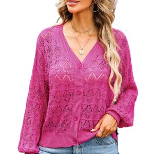 Women's Rose Lightweight Long Sleeve Buttoned Front Crochet Cardigan - Casual V Neck Style - Main View