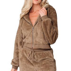 Women's Parchment Zip-Up Hoodie and Drawstring Sherpa Shorts Set – Casual 2-Piece Outfit for Daily Comfort