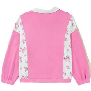 Women's Pink Floral Patchwork Long Sleeve Top – Casual V-Neck with Elastic Cuffs for Daily Wear - Main View