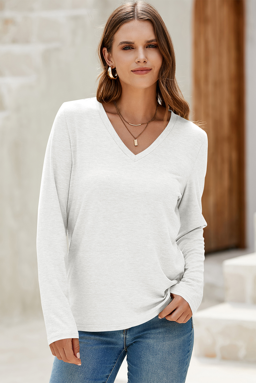 Casual and Comfortable White V Neck Long Sleeve Top - Perfect for Fall & Autumn - Detail View 6