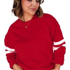 Women's Fiery Red Varsity Striped Detail Crew Neck Plus Sweatshirt for Casual Wear - Main View