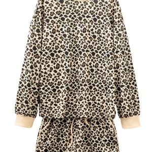 Women's Brown Leopard Print Pullover & Drawstring Shorts Set – Casual Fall Outfit - Main View