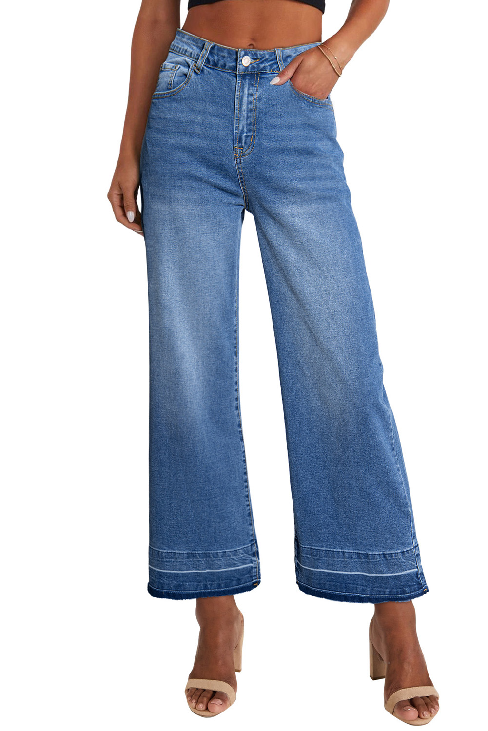 Casual High Waist Denim Jeans in Sail Blue with Raw Hem Design - Detail View 6