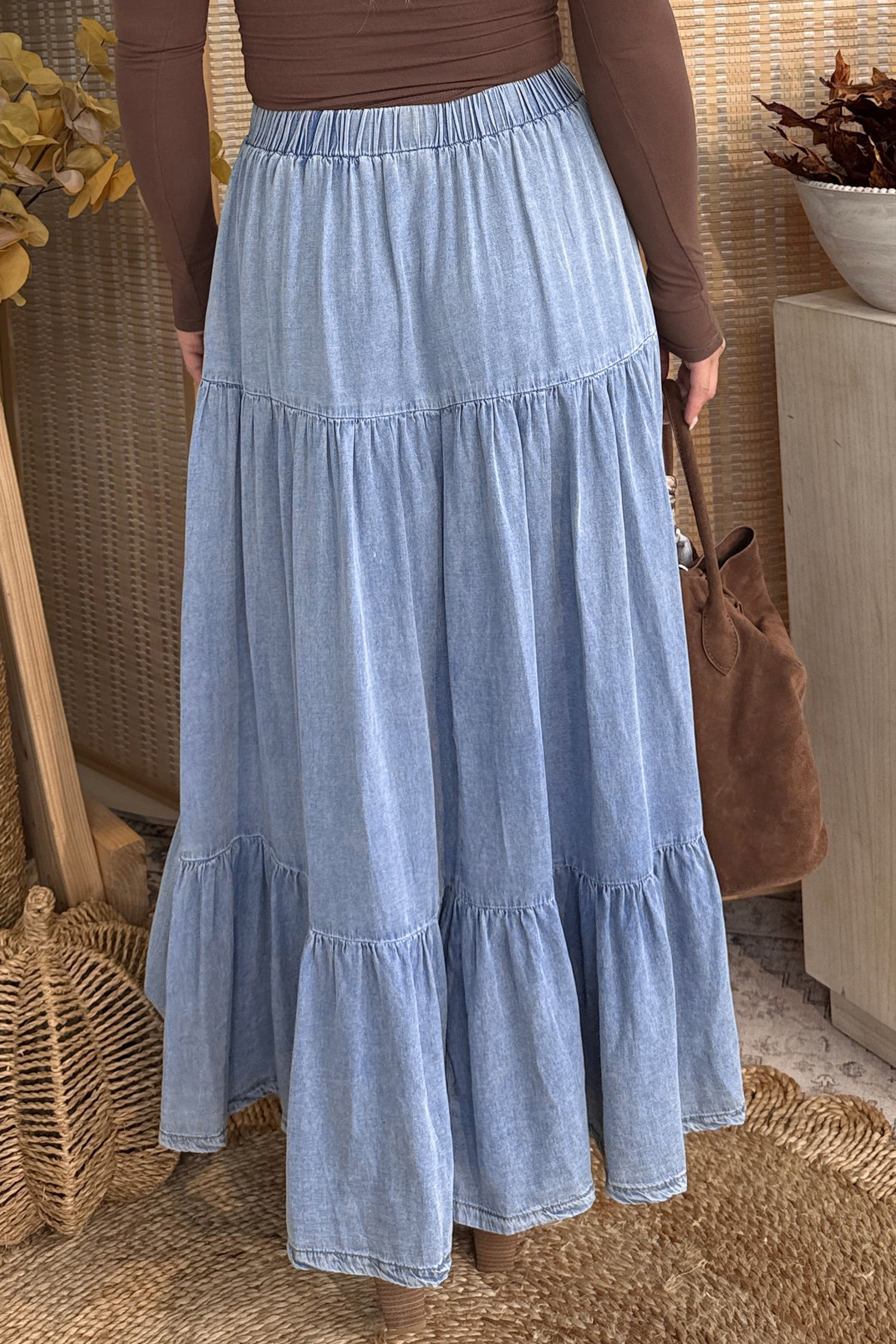 Women's 100% Lyocell Denim Maxi Skirt – Elastic Waist Ruffled Tiered Long Skirt for Daily Wear - Detail View 2