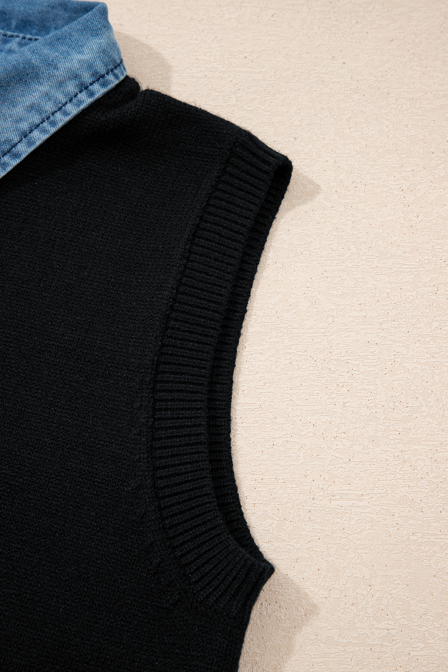 Women's Denim Collar Knit Sweater Vest – Black Patchwork Sleeveless Top for Casual Western Style - Detail View 10