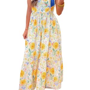 Women's Yellow Floral Maxi Dress – Sleeveless High Waist Shift Dress for Summer Vacation