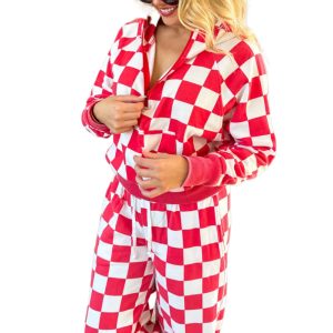 Women's Red Checkered Half Zip Hoodie and Loose Pant Set for Daily Casual Wear