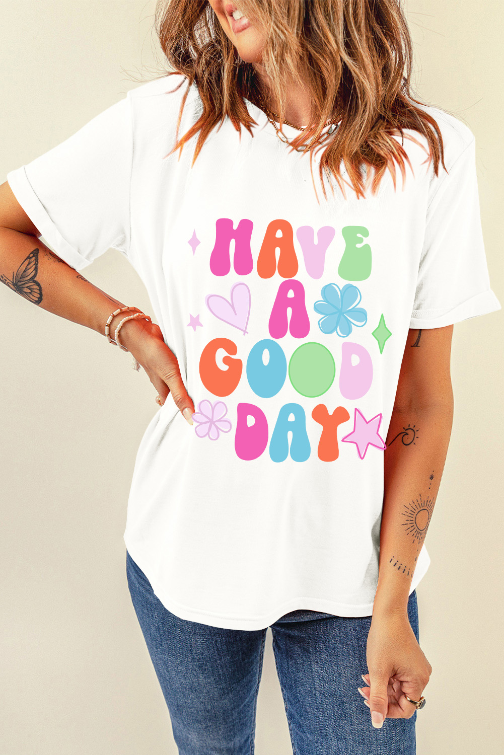 Women's Graphic Tee, White T-Shirt, Have a Good Day Print, Casual Top, Summer Wear, Lightweight, Round Neck, Cuffed Sleeves, Slogan Shirt, Comfortable Fit, Daily Wear, Trendy Style, Tops, Graphic Tees - Detail View 8