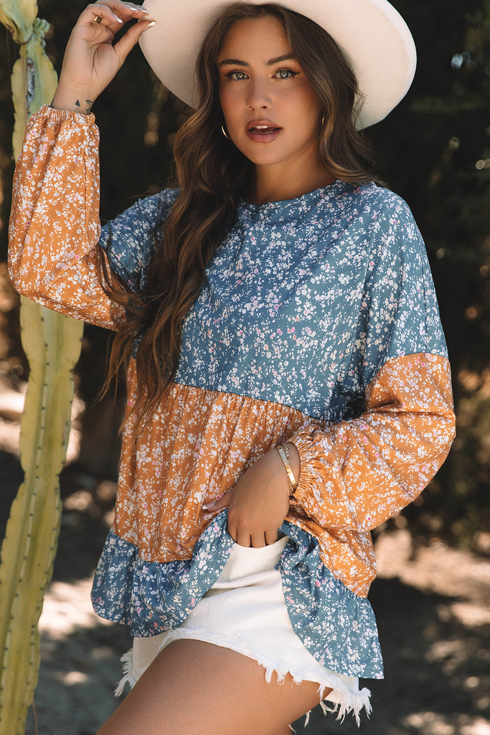 Versatile Women's Spring Blouse - Colorful Orange and Blue Patchwork with Round Neckline - Detail View 3