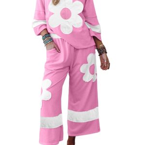 Women's Orchid Bouquet Color Block 2-Piece Loose Pant Set – Casual Fall Outfit for Daily Wear - Main View