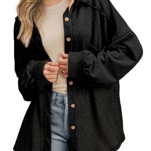 Women's Black Waffle Knit Shacket – Casual Oversized Patchwork for Daily Wear