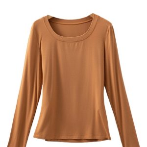 Women's Chestnut Solid Color Long Sleeve Fitted Top - Stylish Western Sheath Design - Main View