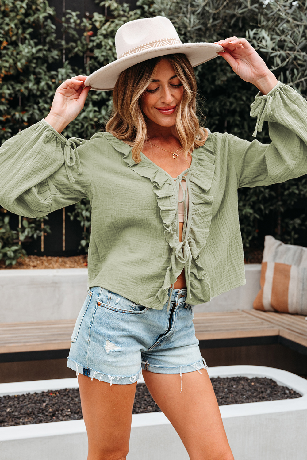 Elegant Long Sleeve Gauze Blouse in Solid Green - Ideal for Spring, Fall, and Beach Vacation - Detail View 3