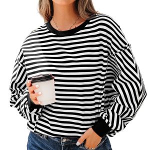 Women's Black Stripe Drop Shoulder Casual Pullover Top for Daily Wear