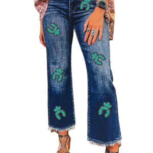 Women's Sail Blue Turquoise Pattern Raw Edge Cropped High Waist Jeans - Main View