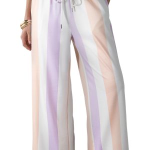 Women's Purple Stripe Multicolored Drawstring Pants – Casual Wide Leg Trousers with Pockets for Daily Wear - Main View
