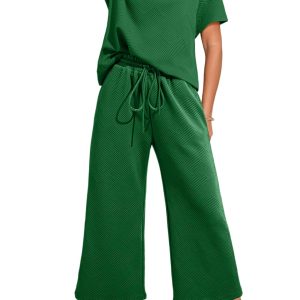Women's Dark Green Textured T-Shirt and Drawstring Pants Set – Casual Summer Style