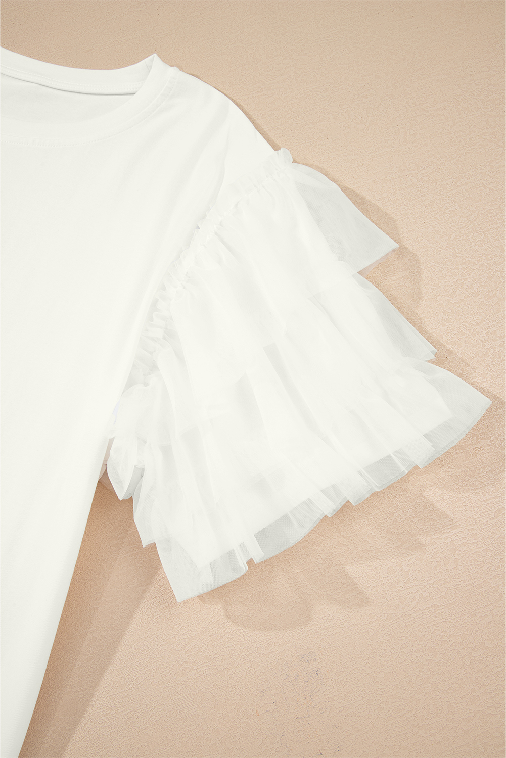 Women's Blouse, White Tulle, Ruffle Sleeve, Casual Wear, Daily Outfit, Southern Belle Style, Summer Fashion, Comfortable, Shift Silhouette, Round Neck, 95% Cotton, Elegant Design - Detail View 12