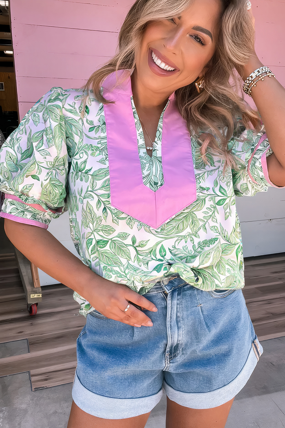 Stylish Color Block Blouse in Green - Perfect for Daily Wear and Summer Outfits - Detail View 3