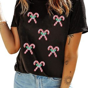 Women's Black Holly Candy Cane Sequin Graphic T-Shirt – Festive Casual Christmas Wear - Main View